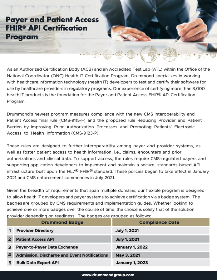 PAYER AND PATIENT ACCESS FHIR® API CERTIFICATION PROGRAM DATA SHEET